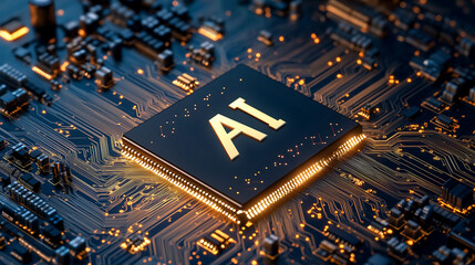 AI Chip A glowing AI chip on a circuit board Use for a tech themed design or as a decorative element for a modern home