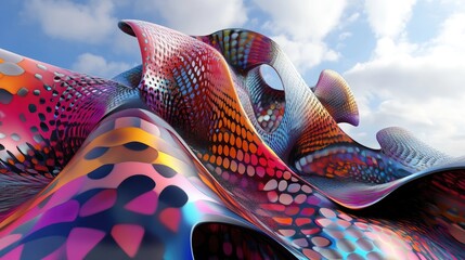 3D rendering of an abstract geometric shape with colorful patterns