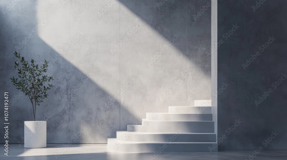 Poster minimalistic grey backdrop with a white podium soft colored stair scene in a 3d rendering