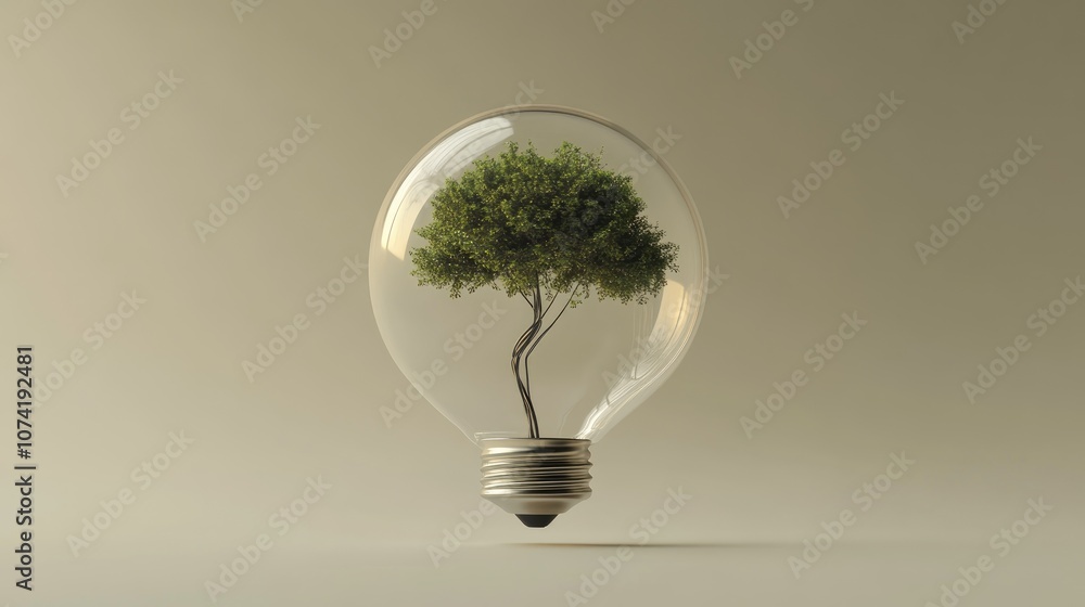 Poster 3d rendering of a small tree inside a light bulb suspended on a wire stand showcasing a creative diy