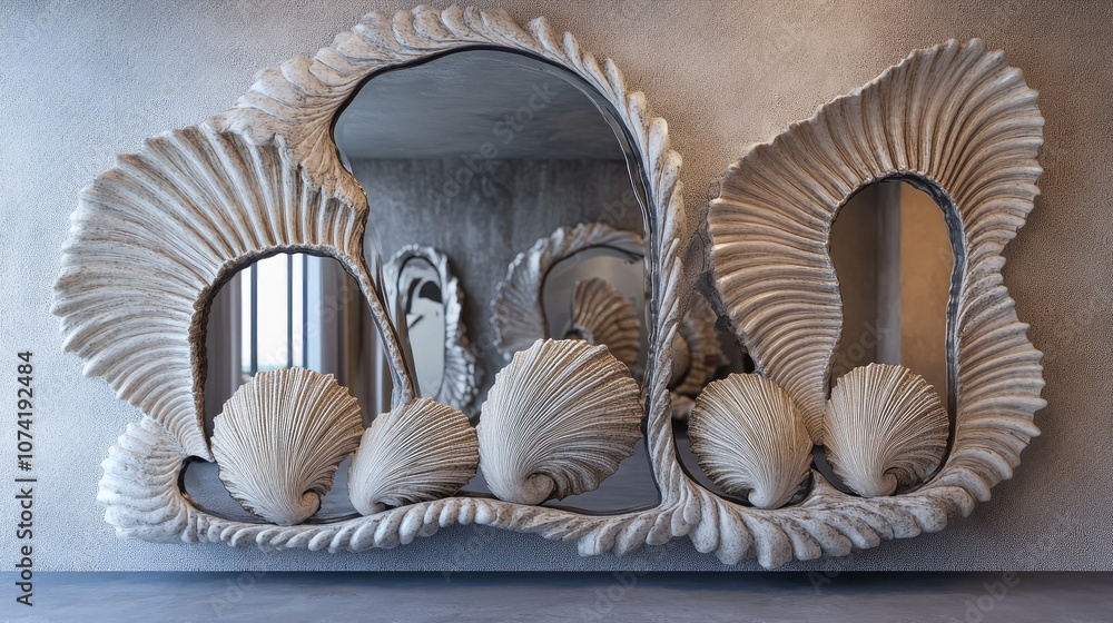 Poster 3d rendering of framed mirrors featuring shell designs