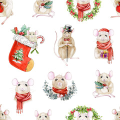 Christmas decor seamless pattern with hand drawn watercolor cute mice, festive decor, wreaths and gifts in vintage style. Perfect for holiday projects, Christmas decor and seasonal gift wrap designs