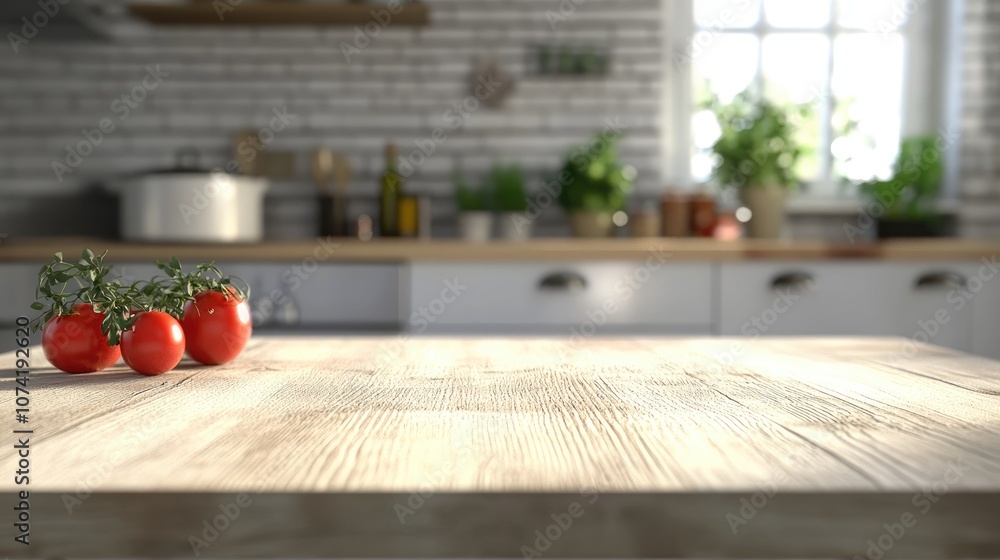 Poster 3d rendering of a table showcasing a product with a blurred kitchen background