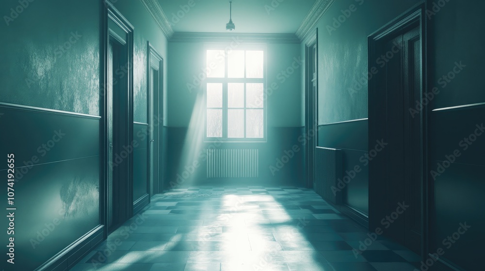 Poster 3d rendering of light streaming through a window in a dark corridor hallway