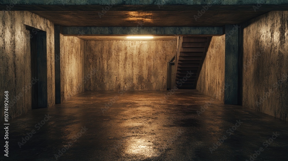 Aufkleber empty interior of a dark basement with concrete walls featuring a 3d rendering of architectural elem
