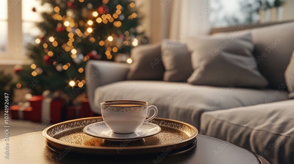 Poster 3d rendering of a cup of coffee on a vintage tray placed on a sofa with a christmas tree in the back