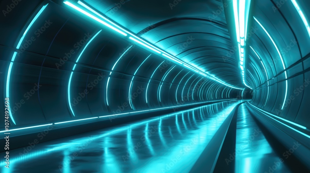 Poster 3d rendering of an underground tunnel illuminated by blue neon light featuring an abstract backgroun