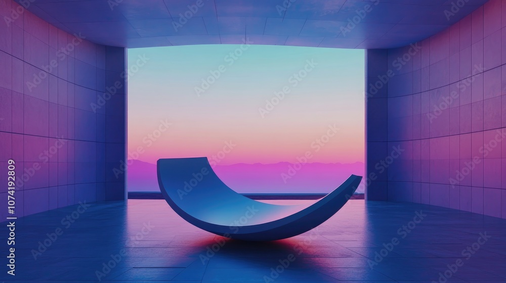 Poster abstract minimalist interior featuring a gradient colored sculpture in a night setting 3d rendering 