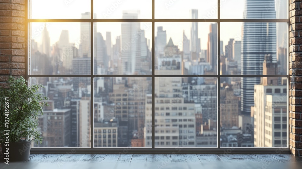 Poster 3d rendering of a building window view showcasing urban surroundings