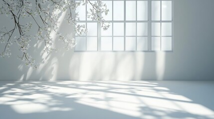 3D rendering of an abstract white studio background for product presentation featuring an empty room with window shadows and floral elements