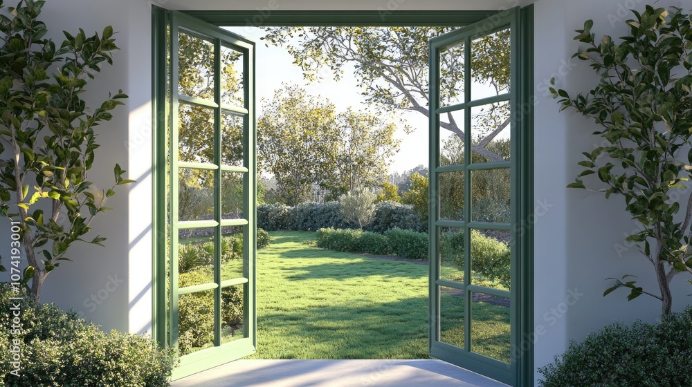 Poster 3d rendering of an open window with green glass showcasing a sunny backyard view