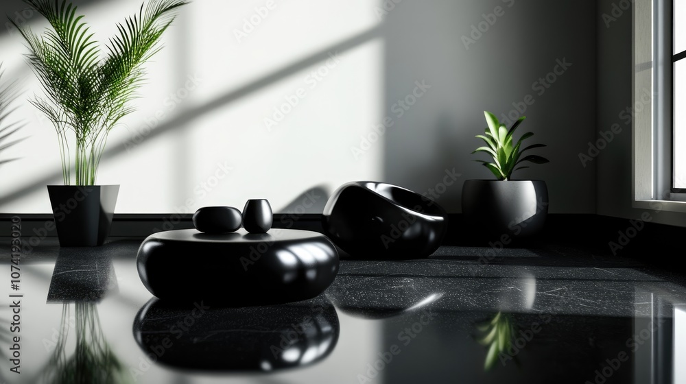 Poster dynamic abstract interior featuring smooth black objects 3d rendering and illustration