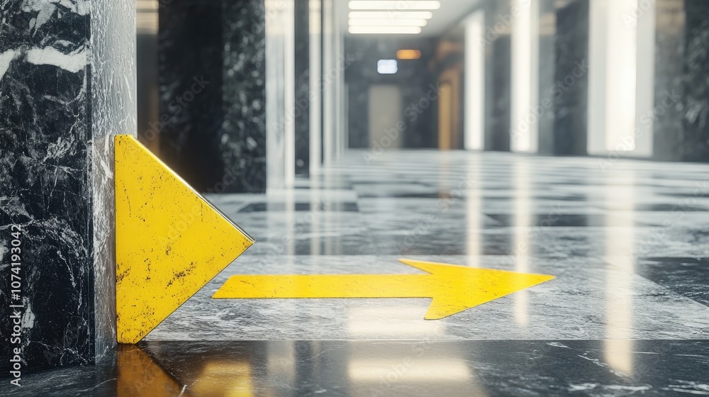 Poster 3d rendering of a yellow arrow sign pointing on a marble floor in a subway setting