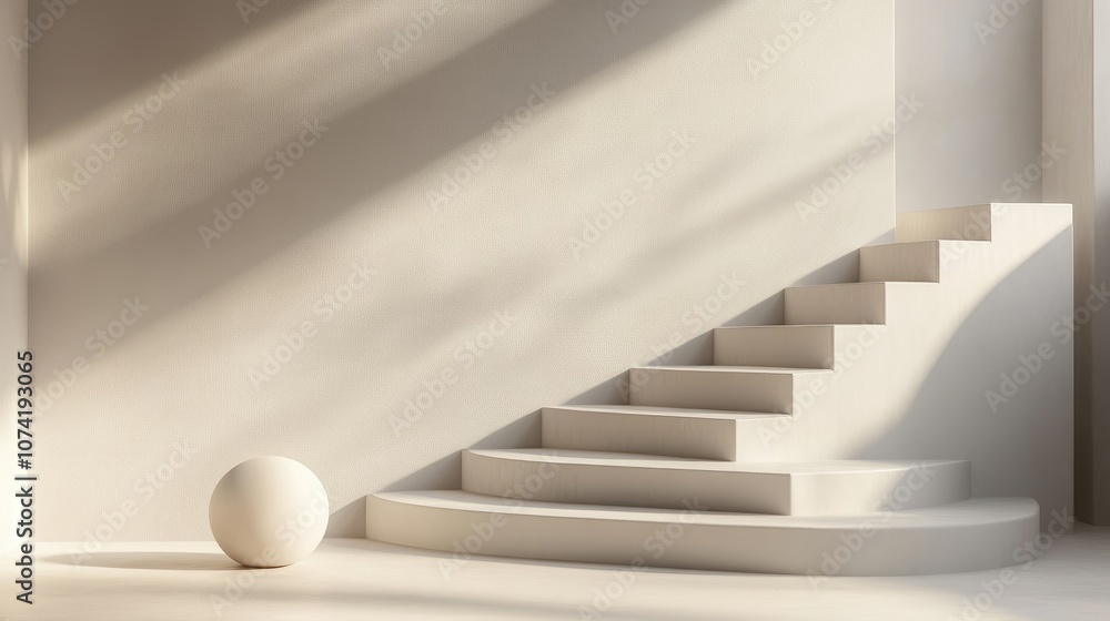 Poster minimalistic grey backdrop with a white podium soft colored stair scene in a 3d rendering