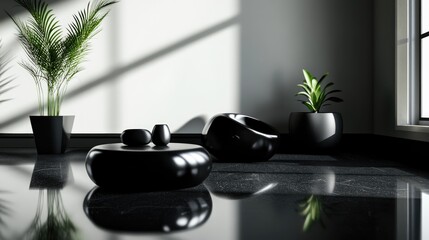 Dynamic abstract interior featuring smooth black objects 3D rendering and illustration