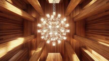 3D rendering of a glass chandelier suspended from a wooden ceiling showcasing bright luxury lighting for interior decor