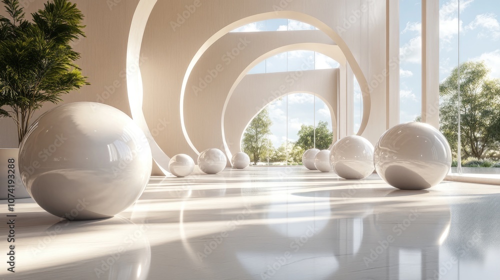 Poster abstract architectural interior design featuring an array of spheres and large windows in a 3d rende