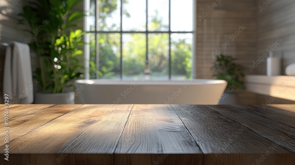 Poster 3d rendering of a table top with blurred bathroom background