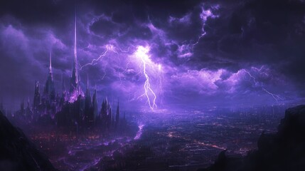 Close up of a thunderstorm over the city in purple light. Ai generated image