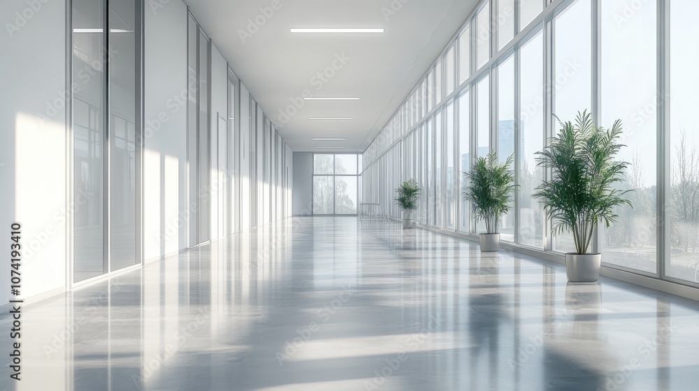 Poster 3d rendering of a spacious empty office corridor