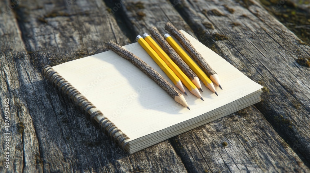 Aufkleber 3d rendering of branch made pencils and a notebook on a wooden surface