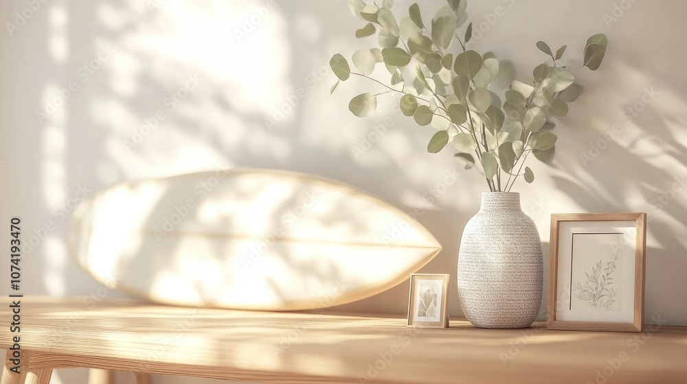 Poster 3d rendering of surfboard photo frames and a vase of eucalyptus branches on a bench in an interior s