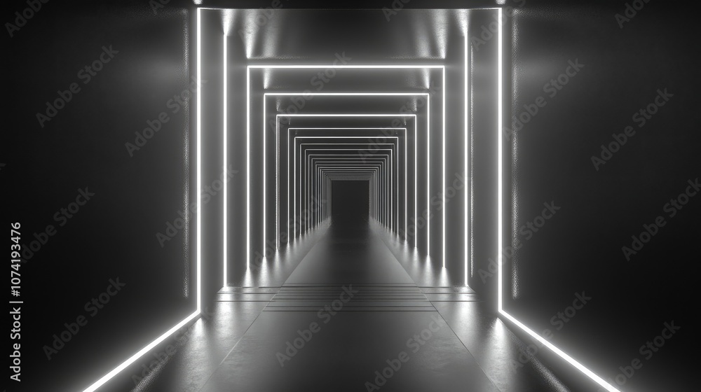 Poster abstract minimal tunnel featuring layers of neon lights with a platform for product placement 3d ren