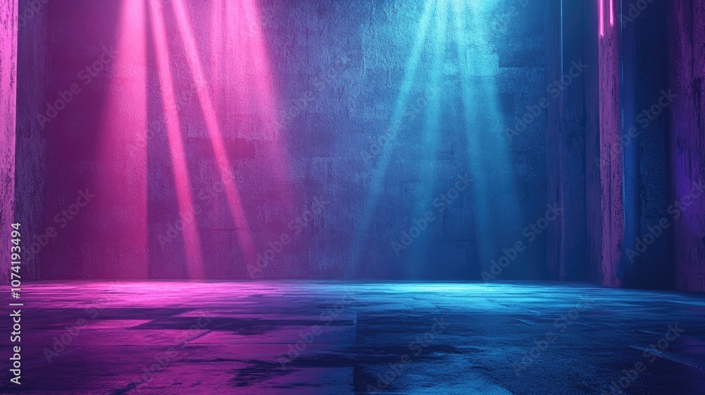 Poster 3d rendering of an empty backdrop with shadows reflected on a gritty floor featuring rays of blue pi