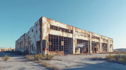 3D rendering of an abandoned factory facade under a clear blue sky Dilapidated structure
