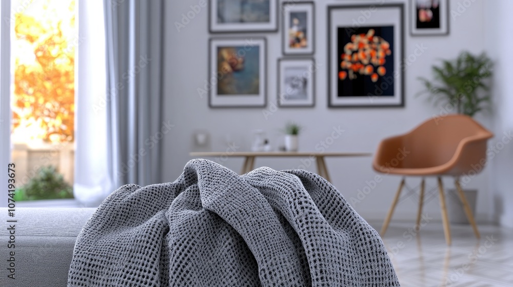 Poster 3d rendering of a grey blanket draped on a bench in a bright dining space featuring a chair at a tab