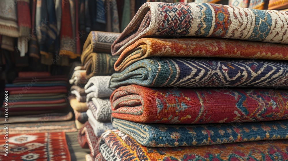 Poster 3d rendering of folded and stacked turkish rugs in a shop showcasing a close up view of the piled ca
