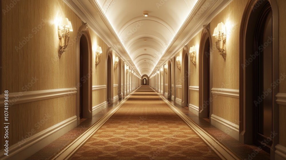 Poster 3d rendering of a low angle view of a corridor in a hotel representing a conceptual tunnel perspecti