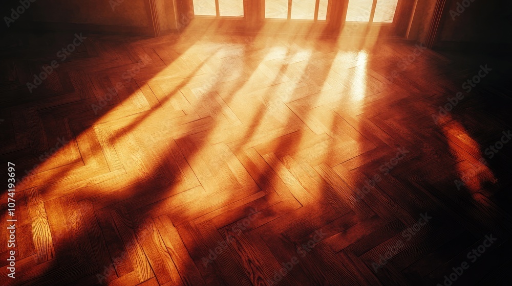 Poster 3d rendering of an old parquet floor illuminated by window glare with a tinted effect