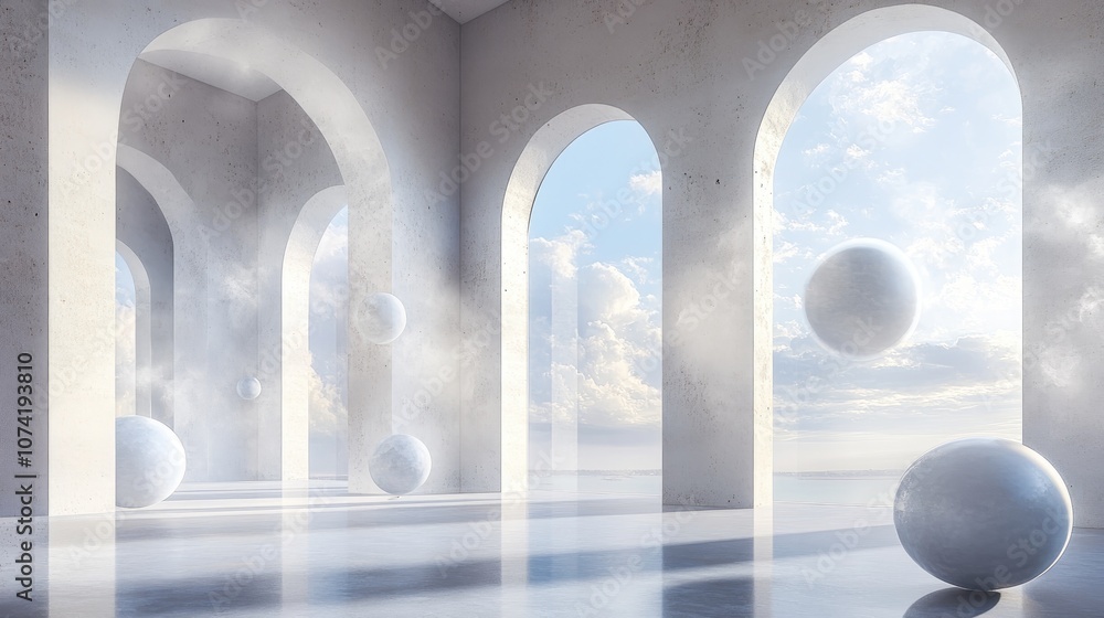 Poster abstract architectural interior design featuring an array of spheres and large windows in a 3d rende
