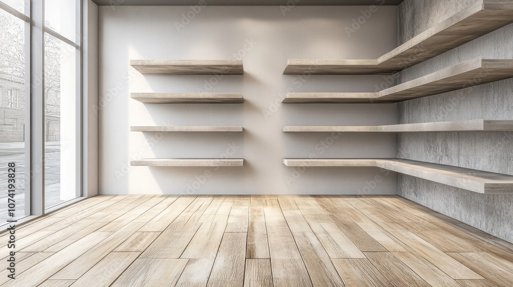 Poster 3d rendering of minimalist empty shelves in a modern setting