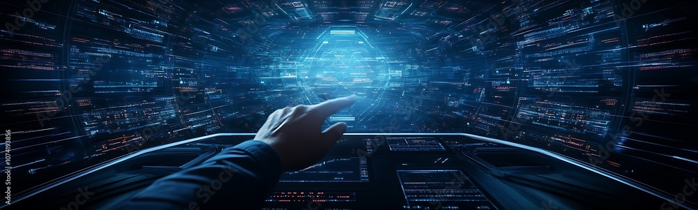 Aufkleber A futuristic digital interface with a hand reaching out amidst a display of sparkling data points and light, suggesting advanced technology and interaction.