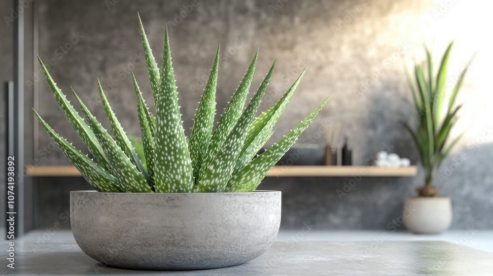 Poster 3D rendering of aloe vera plants in a bathroom setting with ample background space