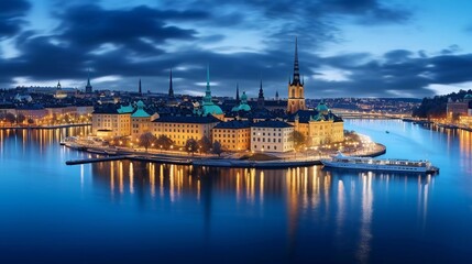 Obraz premium A panoramic view of a city skyline at dusk, reflecting lights on the water.