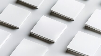 Isometric Blank Paper Note in Rows on White Floor, White Sticky Note Mockup