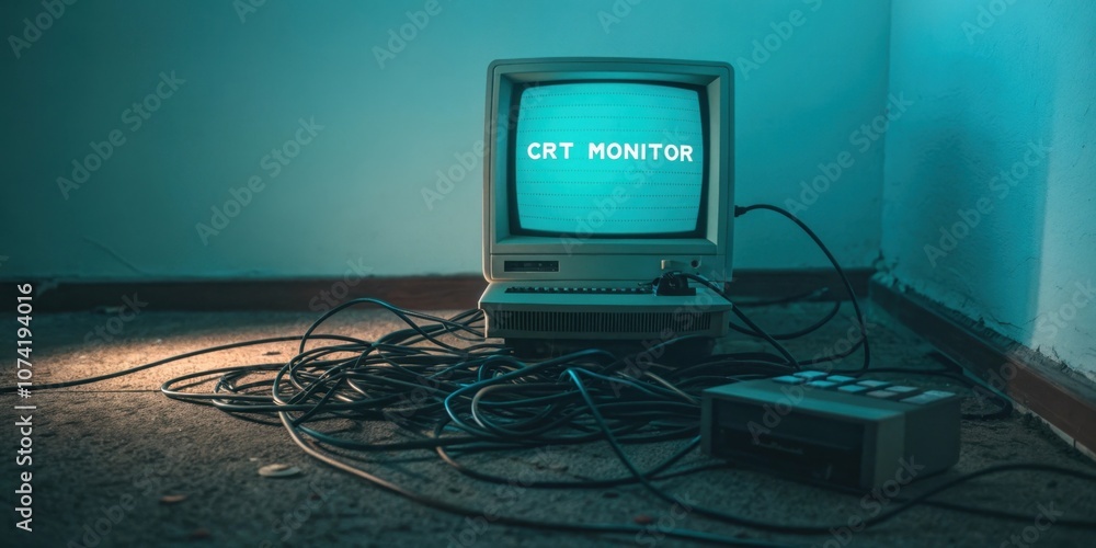Poster the screen of an old crt monitor flickers with retro text as a soft cyan glow spills onto a tangled 