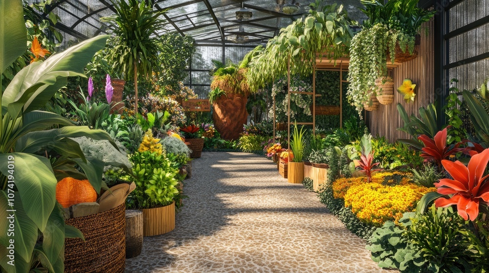Poster 3D rendering of a summer themed display in a botanical garden featuring various seasonal elements