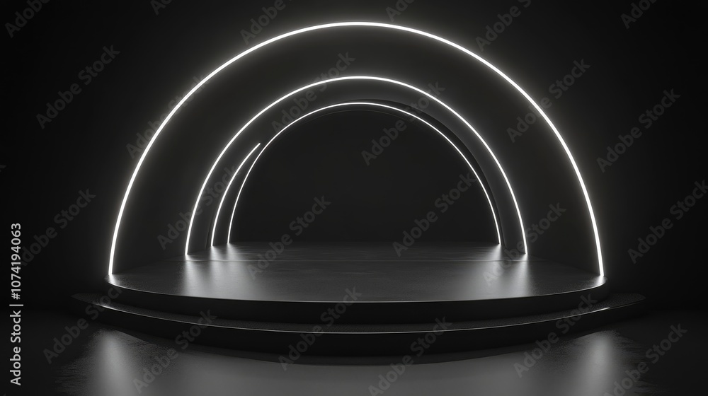 Poster abstract minimal tunnel featuring layers of neon lights with a platform for product placement 3d ren