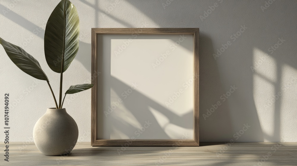 Poster 3d rendering of a minimalist wooden frame mockup with an empty front view featuring a decorative pla