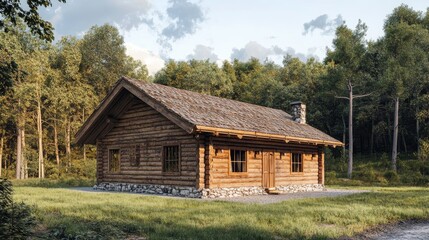 Obraz premium 3D rendering of a quaint old wooden house with stacked wood walls situated in a field surrounded by forest