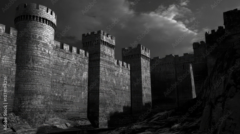 Poster 3d rendering of walls and towers in an ancient citadel