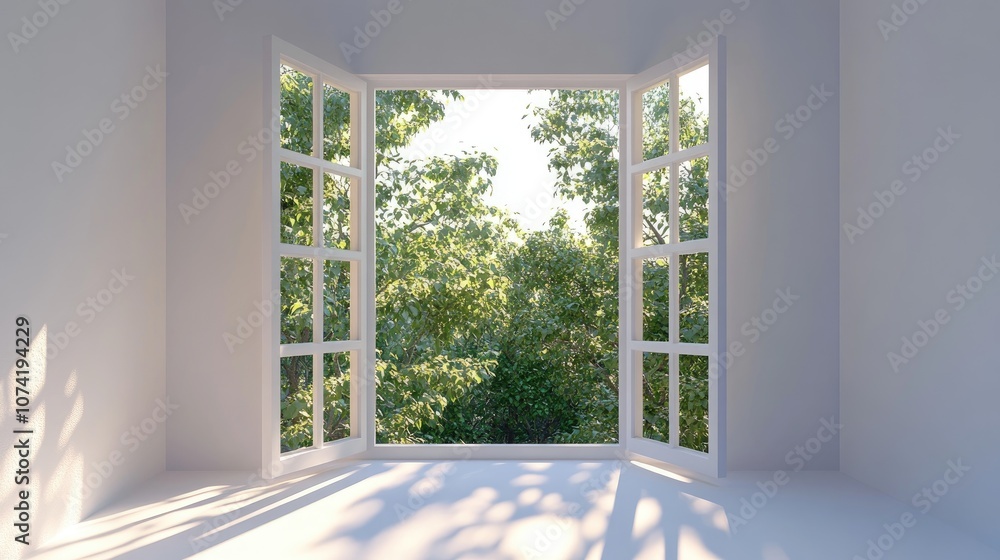 Poster 3d rendering of an open window on a bright morning