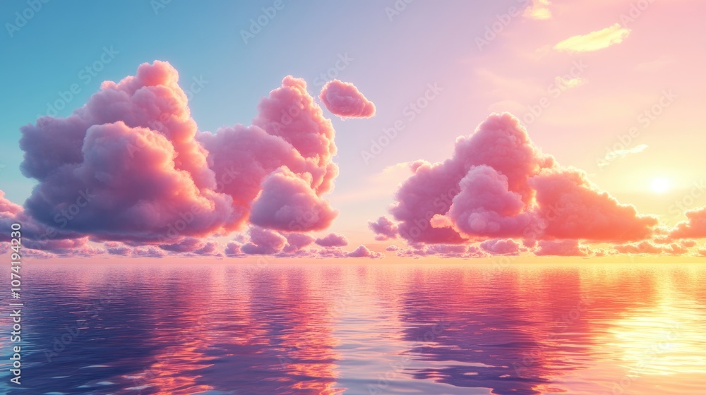 Poster 3d rendering of a vibrant sunset over the sea with floating clouds