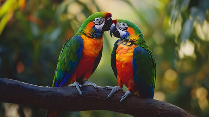 Fototapeta premium dos loros pericos coloridos parados sobre una rama de un arbol ave tropical en medio de la selva vida silvestre en la naturaleza salvaje