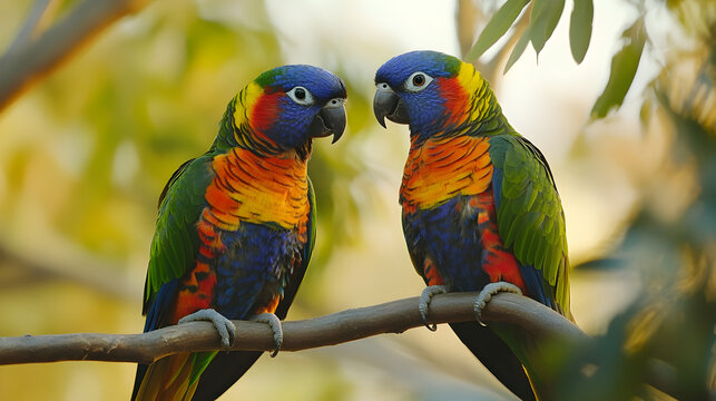 dos loros pericos coloridos animales aves solvestres en medio de la selva salvaje parados sobre una rama del arbol belleza en la naturaleza en la jungla
