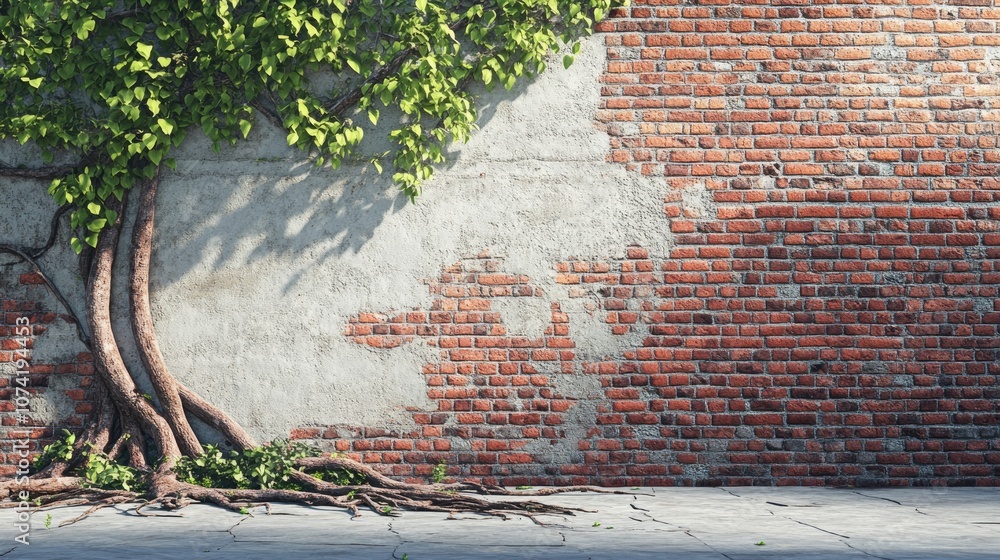 Poster 3d rendering of a damaged red brick wall with tree roots visible
